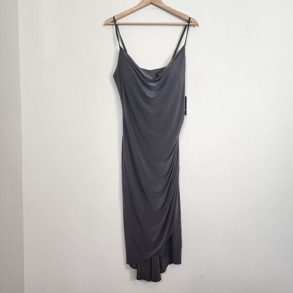 NWT Guess Draped Front Ruched Stretch Midi Faux Wrap Retro Slip Party Dress 12 - Picture 2 of 11